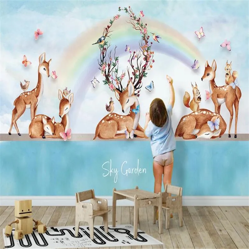 

Пользовательские 3D стерео обои Milofi, Настенные обои с изображением леса, радуги, лося, фоновые обои для детской комнаты