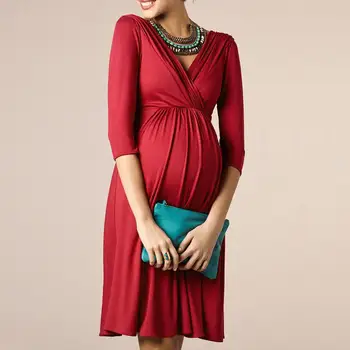 

Women Solid Color Deep V Neck 3/4 Sleeve Large Swing Maternity Knee-length Dress