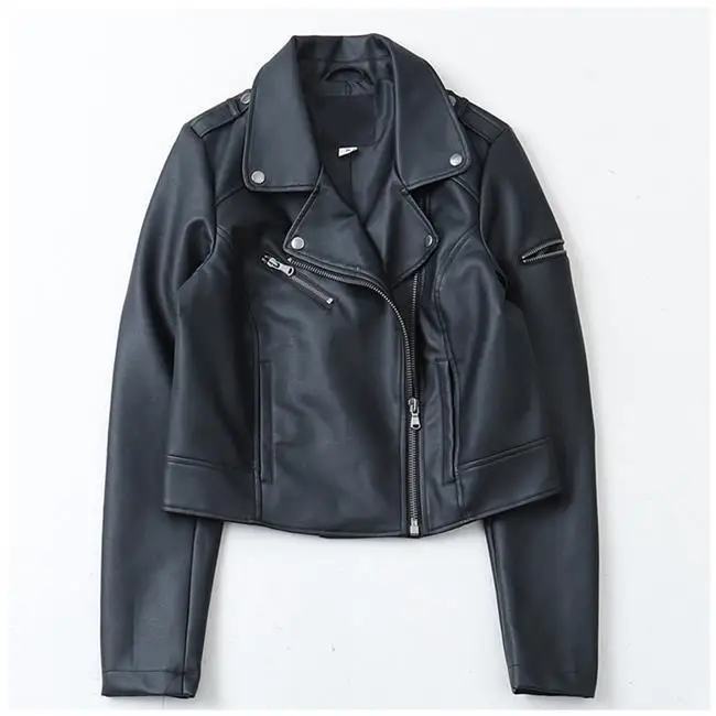 

H3421 Lettered Applique Dragon Embroidered Totem Pu Washing Jacket Reddish Black Two-color Biker Coat Women's