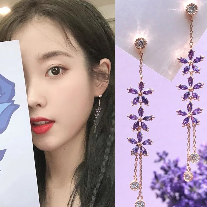 

MENGJIQIAO New Korean TV Star Purple Flower Crystal Tassel Long Drop Earrings For Women Elegant Party Pendientes Jewelry Gifts