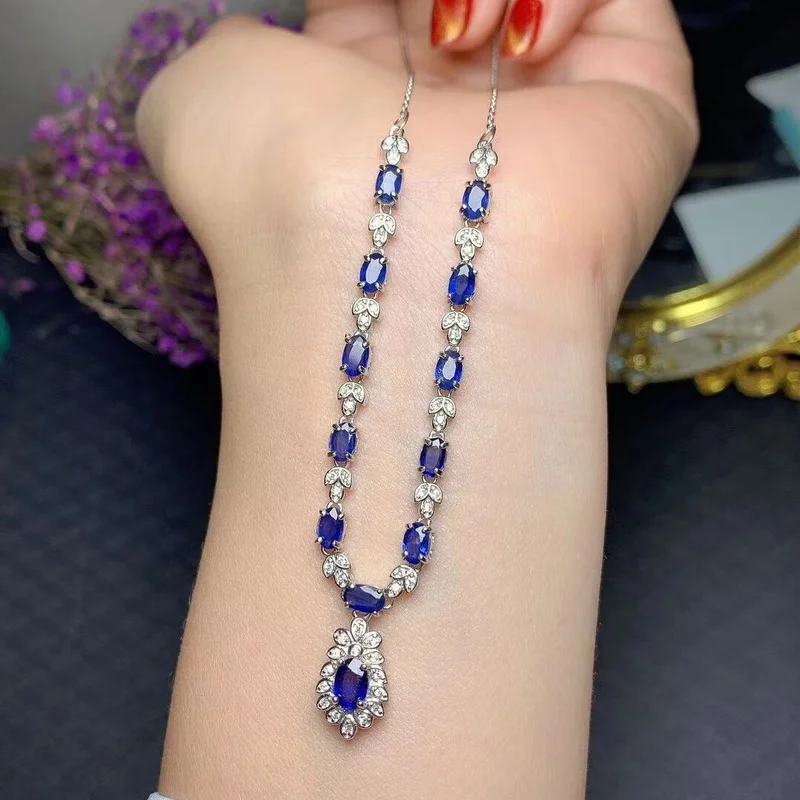 New Natural Sapphire Necklace 925 Silver Women's Necklace High-end Atmosphere Luxury Design Banquet Party Jewelry