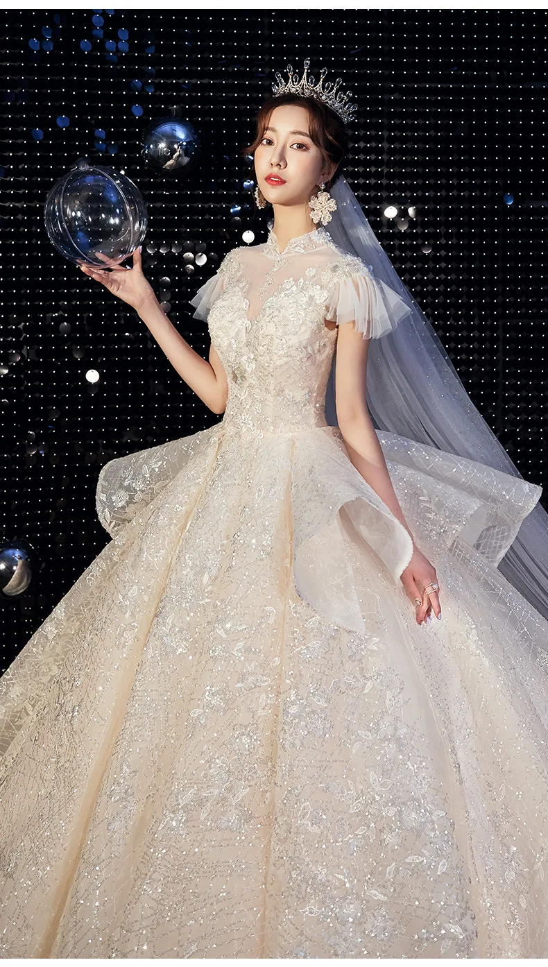 Vivian's Bridal популярное роскошное свадебное платье с цветочным принтом Милое Свадебное платье с кисточками и коротким рукавом с рюшами и блестящими пайетками