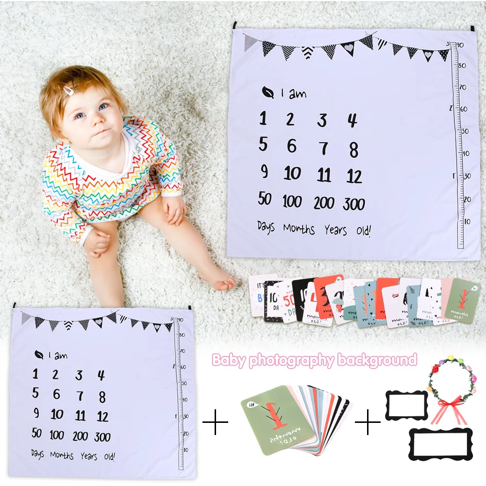 

Baby Milestone Photography Blanket Background Cloth Props Rose Garland Set with Photo blanket + Wreath +Card +Photo Frame