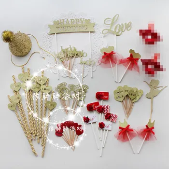 

58pcs diamond glitter red cute girl wedding dessert table arrangement, flower Cupcake Toppers love creative table decoration
