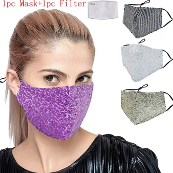 

Face Mask With Filter Adult Unisex Washable Reusable Mouth Masks Windproof Foggy Flash Sequins Metal Face Cover Mask Mascarilla