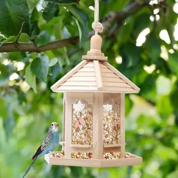 

Wooden Bird Feeder House Birdhouse Hanging Nest Feeder With Roof Home Garden Yard Decoration Outdoor Wild Birds Feed Dispenser