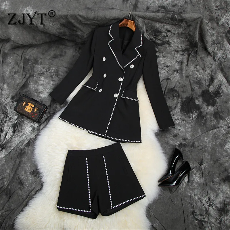 

Elegant Office Lady Business Blazer Suit Two Pieces Set Women Brand Designer Notched Diamonds Jacket and Short Set Work Outfit