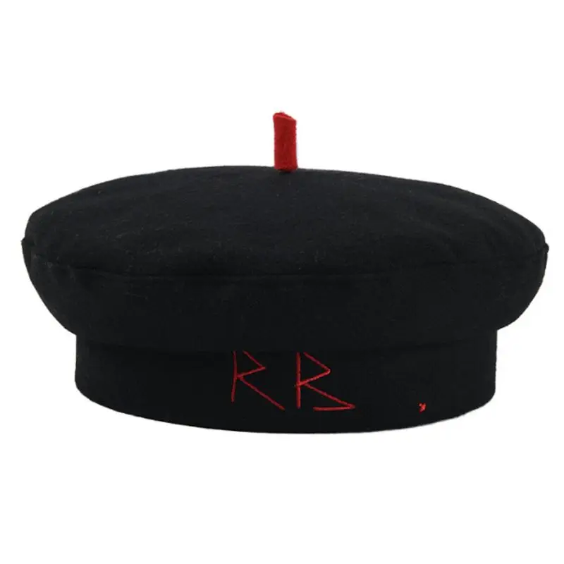 Korean Womens Autumn Faux Felt Beret Cap RB Letters Embroideyr Painter Navy Hat - Цвет: A