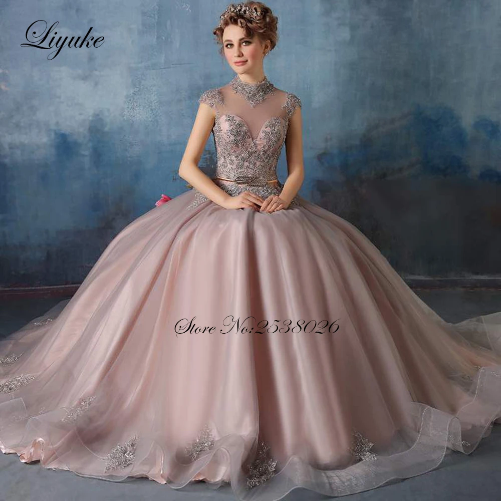 Фото Элегантное розовое ТРАПЕЦИЕВИДНОЕ ПЛАТЬЕ-трапеция Liyuke для Quinceanera с полностью серебристым искусственным листом, поясом и завязкой №3