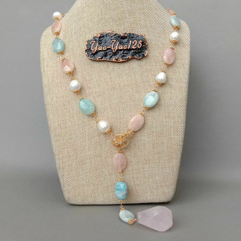 

Freshwater White Pearl Multi Color Gems Stone Necklace Rose Crystal Pendant 28''