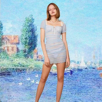 

Meyoung Elegant Sexy Dress Women 2019 Dress Square Neck Bodycon Mesh Vestidos Femme Casual Night Winter Clothes Sheer