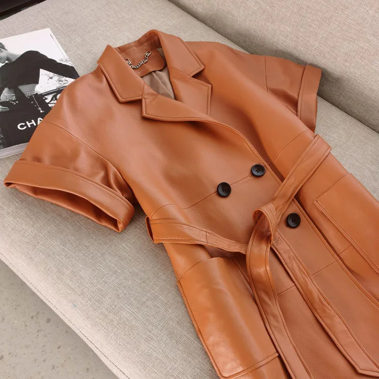 genuine Leather coat 2021 suit collar double-breasted windbreaker short sleeve strap long thin real sheepskin jacket women sexy