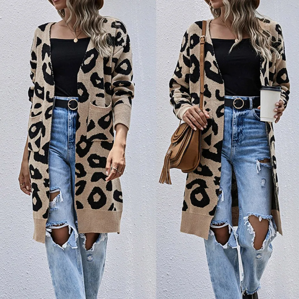 Кардиган женский длинный с V-образным вырезом и леопардовым принтом Осень-зима |