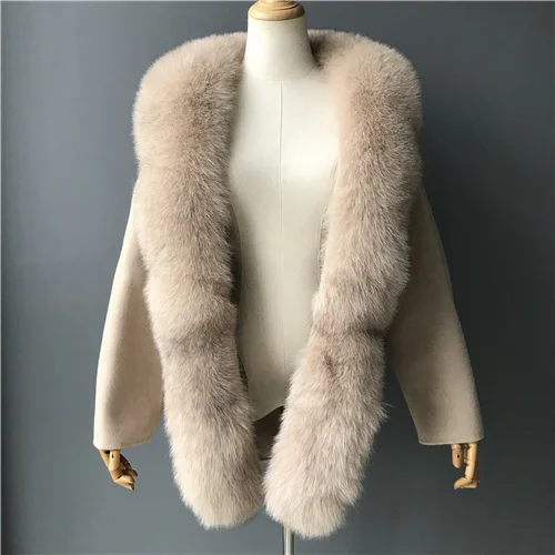 Beige Шерстяное пальто женская зимняя куртка воротник из натурального Лисьего меха кашемировая шерстяная комбинированная верхняя одежда Уличная Женская кашемировая куртка - Цвет: Beige
