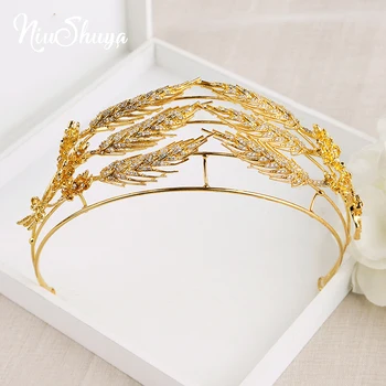 

NiuShuya Baroque Headbands Gold Leaf Tiaras Crown Headpiece Cubic zircon Headwear Women Wedding Jewelry Bridal Hair Accessory