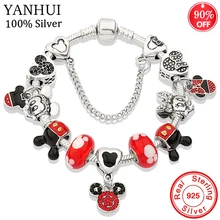 YANHUI 925 серебряный браслет с Микки Минни Маус с красные стеклянные бусины безопасная цепь браслет для женщин Подарок на годовщину