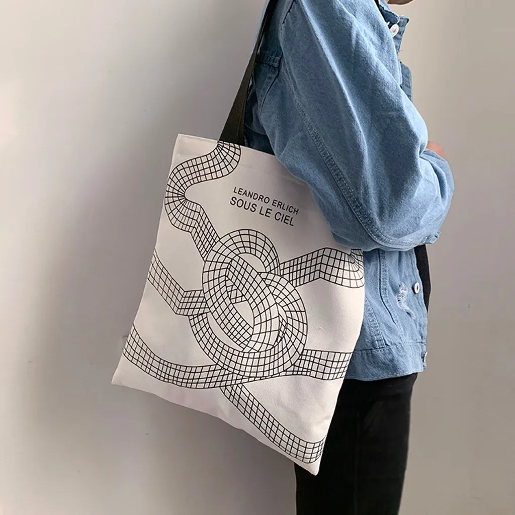 

OCARDIAN Handbag Women's Canvas Bag With Zipper Printing Art Reusable Shoulder Bags Simple Students Handle Shopping Bags Aug10