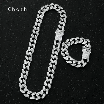 

20MM Prong Miami Curb Cuban Chain Link Necklaces Men's Full Rhinestone Clasp Iced Out Hip Hop Bracelets Set Bling Bling Chains