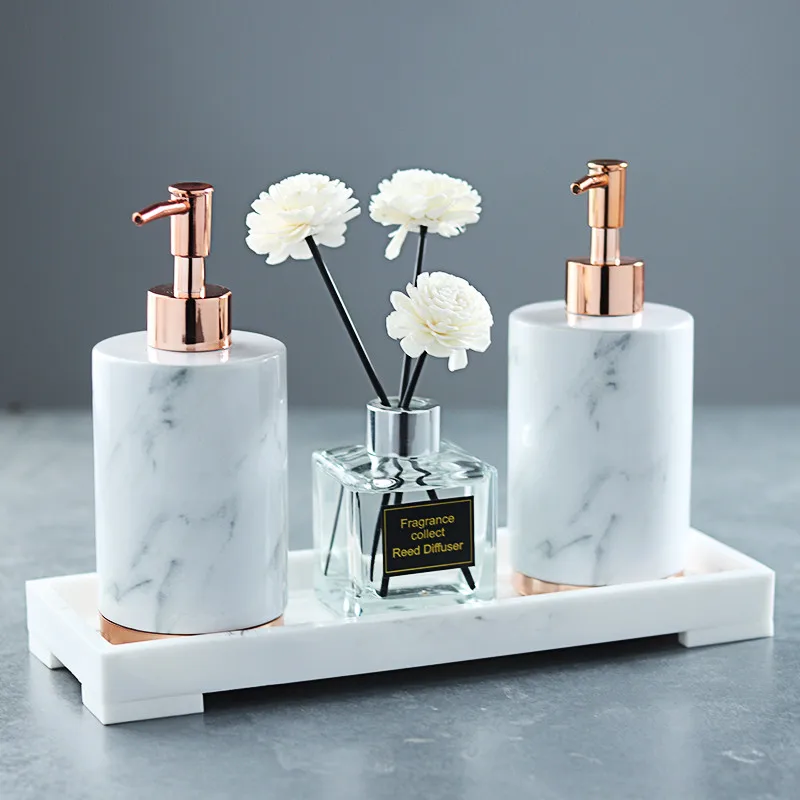 Ceramic Bathroom Accessories Set Soap Dishes/Dispensers Toothbrush Holder & Gargle Cups Wedding Gifts White & Gold Marbling