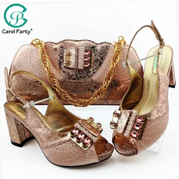 

New Arrival Peach Color African Women Matching Italian design Shoes and Bag Set Decorated with Rhinestone Ladies Shoe and Bag