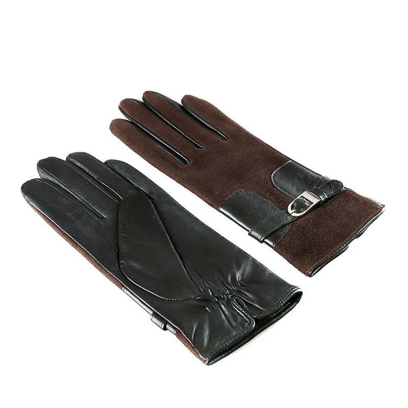Женские перчатки из натуральной кожи, женские модные перчатки с металлической пряжкой, осенне-зимние замшевые перчатки из овчины с плюшевой подкладкой, 3306