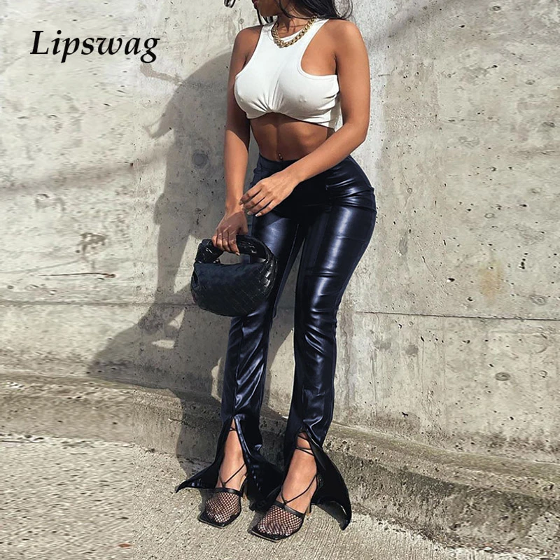 Pantalones elásticos de cintura alta para mujer, pantalón de cuero PU sólido, con abertura ajustada, estilo clásico, Casual|Pantalones y pantalones capri| AliExpress