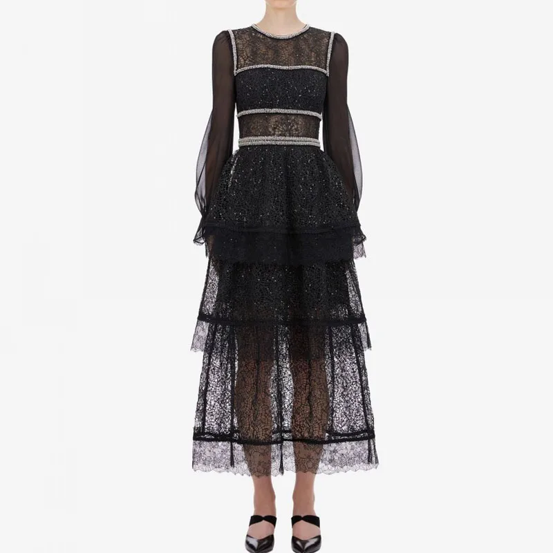 

2019 Fall Women Self Portrait Long Dress High Waist Lace Dresses