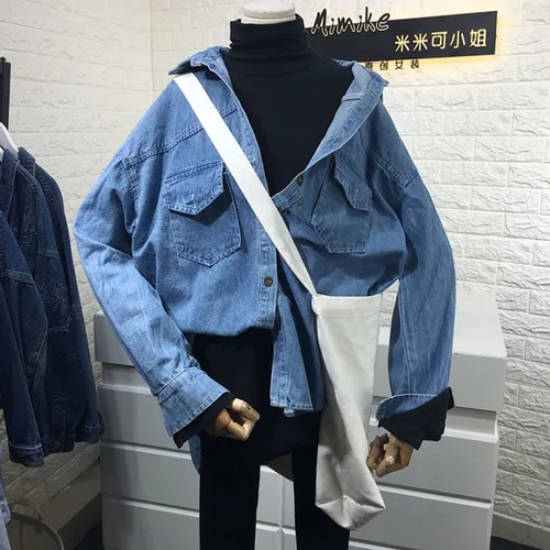 light blue Новая весенняя и осенняя Корейская жилетка с высоким воротником, рубашка+ джинсовая рубашка с отворотом, комплект из двух предметов, Женская свободная Джинсовая блузка, женские топы - Цвет: light blue