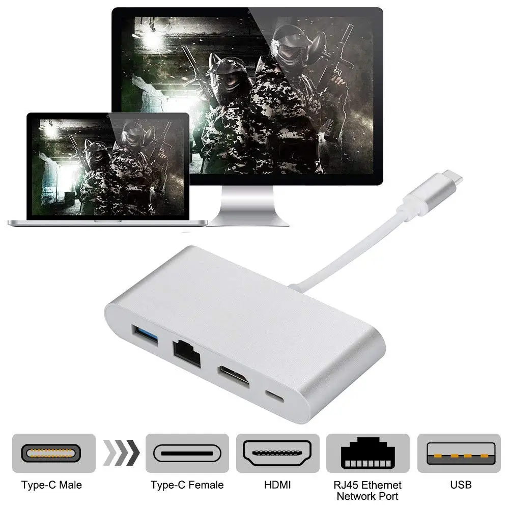 LYBALL Тип C к HDMI RJ45 Ethernet адаптер конвертер с USB 3,0 и USB C зарядный порт для Macbook samsung S9 huawei Mate10