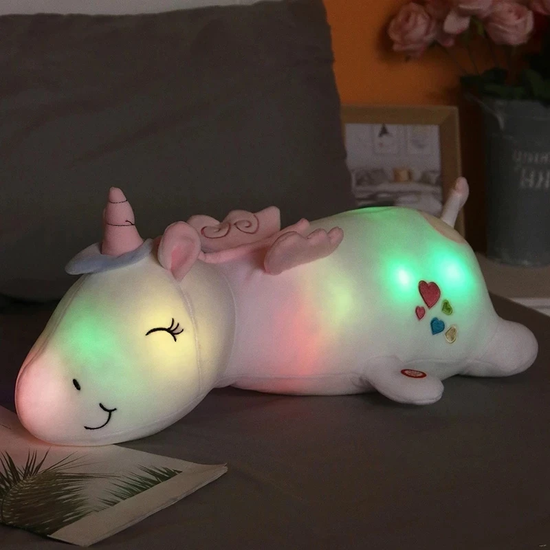 60-125cm gigante lindo brillante luz LED unicornio de peluche juguetes luminosa almohada Animal de peluche muñecas para los niños regalos de los niños