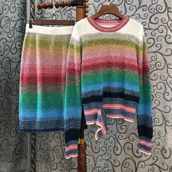 

Women's Set 2019 Autumn Winter Knitwear Woman Rainbow Color Print Knitted Pullovers+Knee-Length Knit Skirt Set Casual 2pc Sets