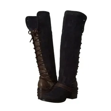 Puimentiua Women Boots Autumn Winter Women Knee High Boots Casual Vintage Leather Lace Up Riding Boots Low Heel Boots Plus Size