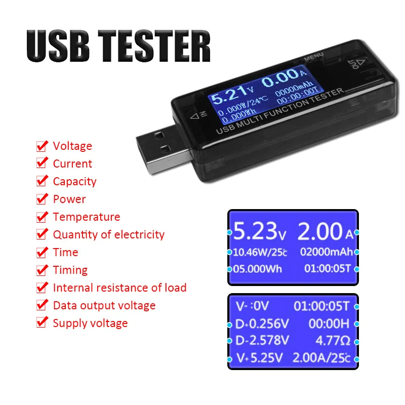 USB тестер вольтметр измеритель емкости и напряжения тока индикатор зарядное