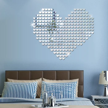 

100pcs 3D Heart Wallpapers Self Adhensive Silver Gold Acrylic Mirror Decals wallpaper for Home Decoration