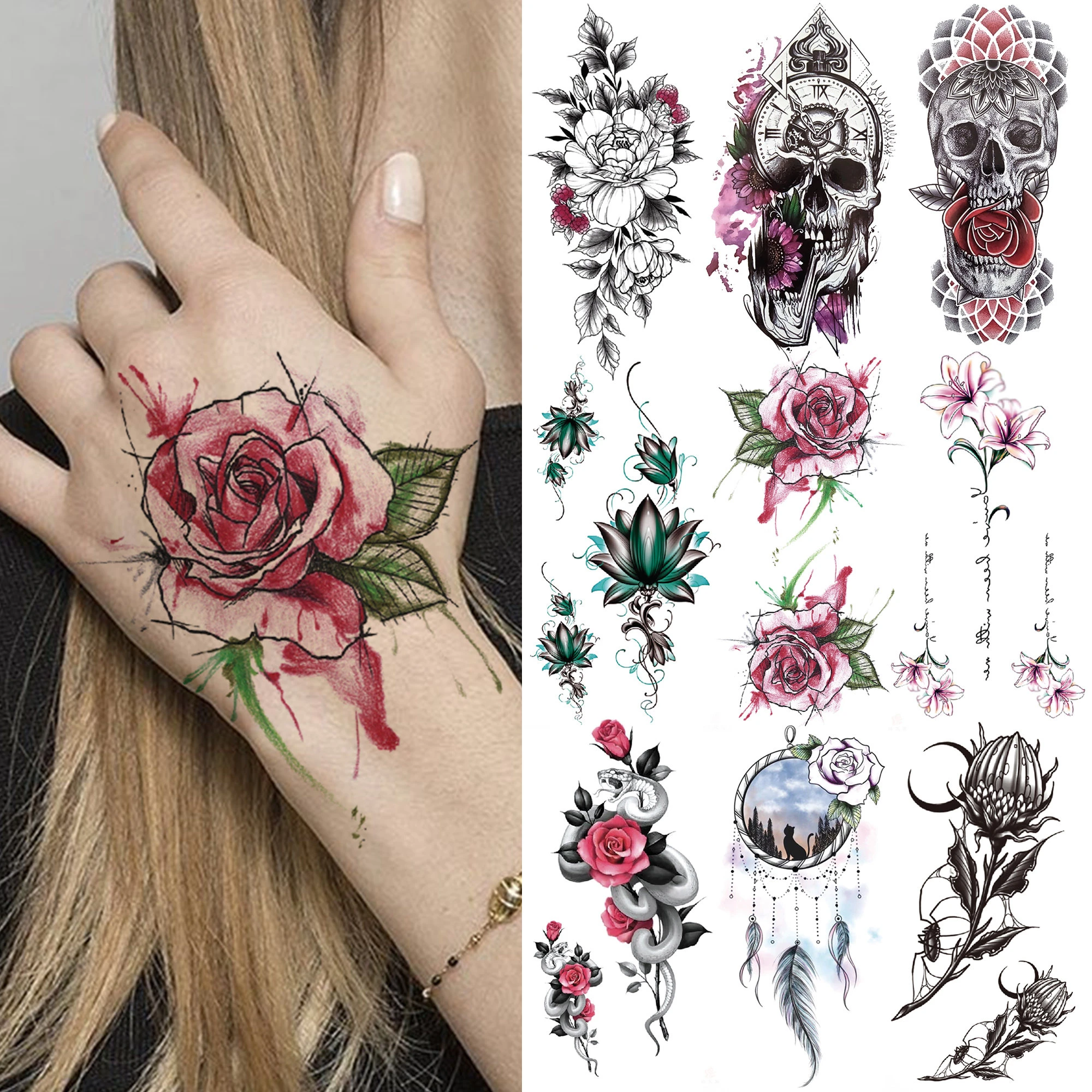 Tatouage Rose Sur La Main Femme Tatouages Temporaires à Motif de Fleur de Rose pour Femme et Fille, Faux  Crâne Annie, Autocollant de Lys Attrape Rêves, Main et Bras | AliExpress