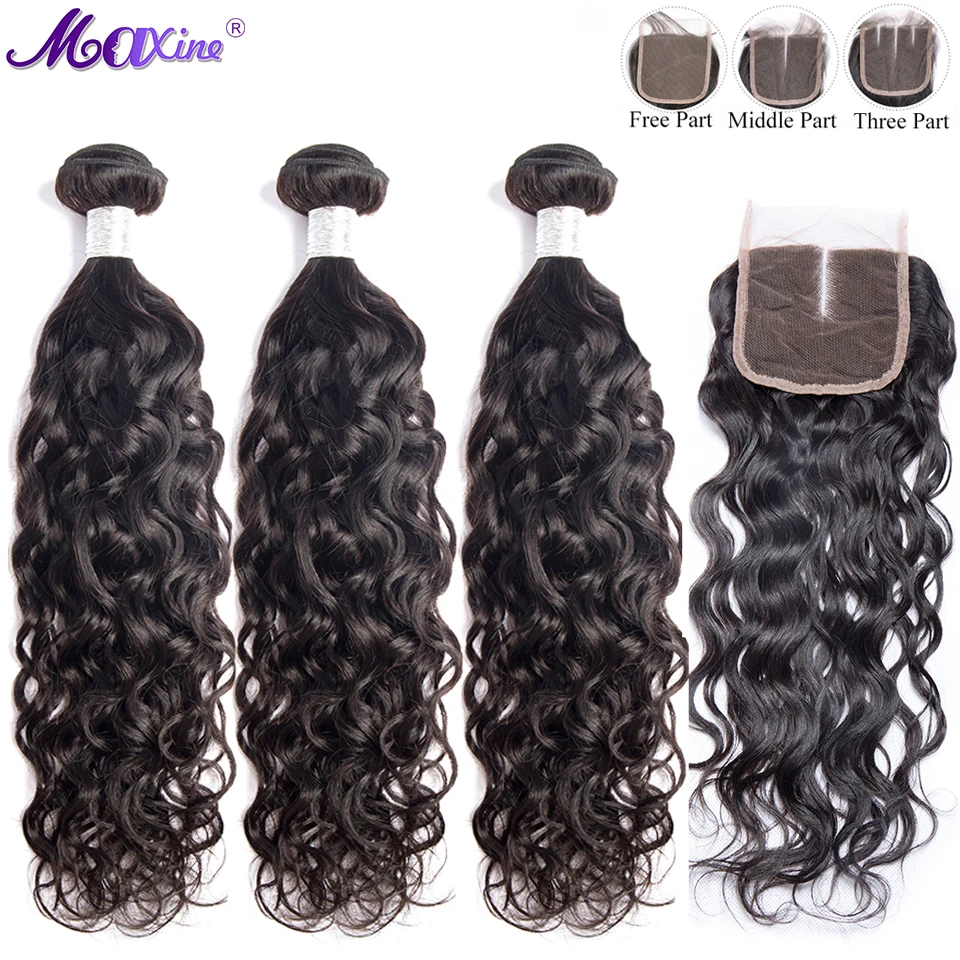 

Bundles with Closure Water Wave Human Hair with Closure Maxine Remy Hair Brazilian Weave Bundles 4x4 Lace Closure with Bundles