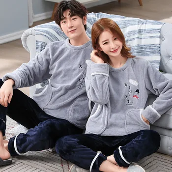 

Set Women Round Neck Flannel Pyjamas Long Sleeve Loose Home Suit Warm Sleepwear Homewear Autumn Winter Flannel Pajama