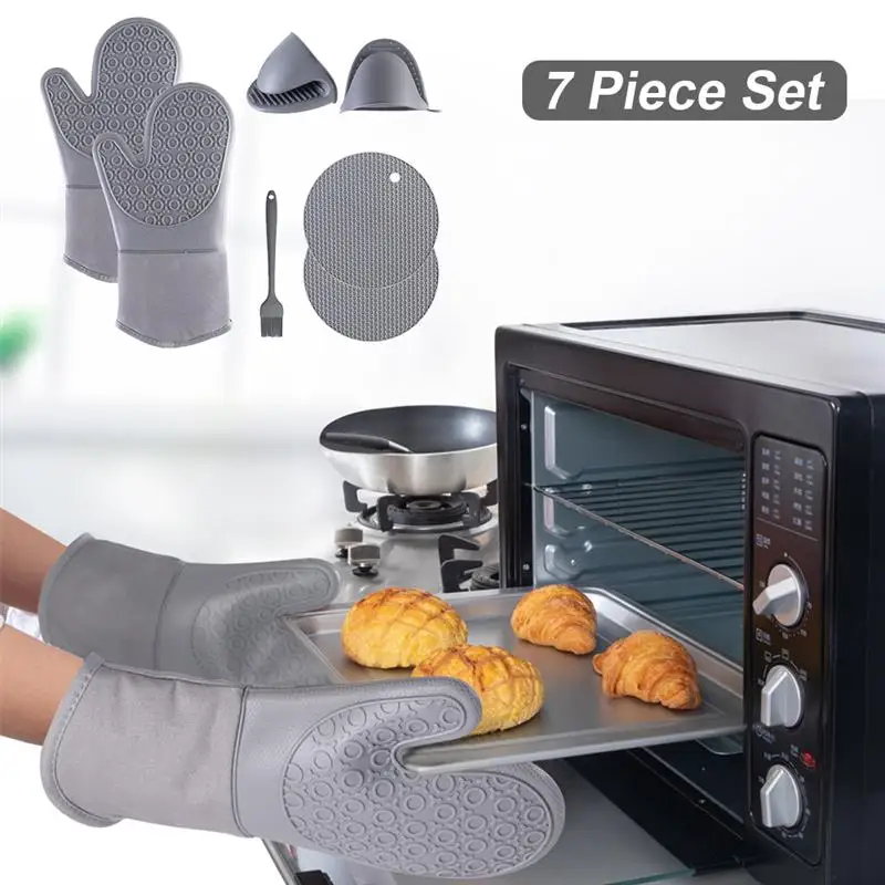 7Pcs/set Microwave Gloves Heat Insulation Silicone Baking Gloves Oven Mitt Pot Holder Nonslip Grilling Pad Hand Clip For Kitchen