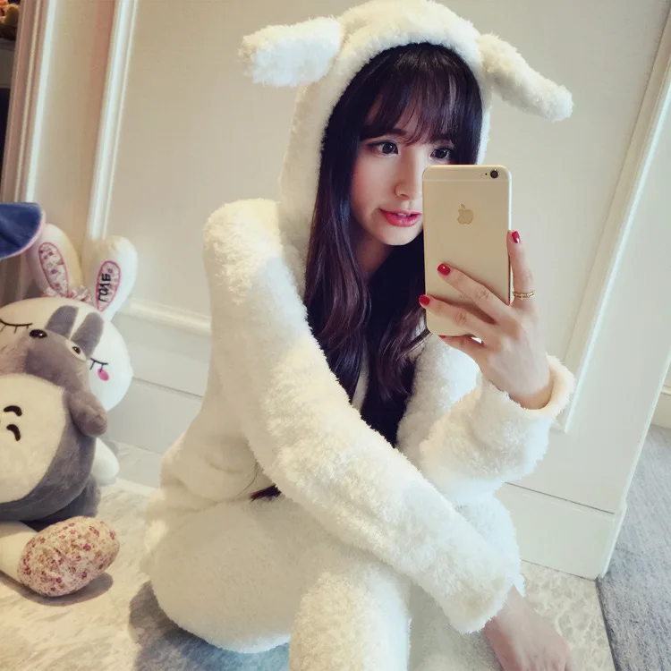 

Bunny Yarn Knitted Soft Pajamas Women's Winter Plush Long Sleeve Homewear Set Hooded Cardigan Zipper