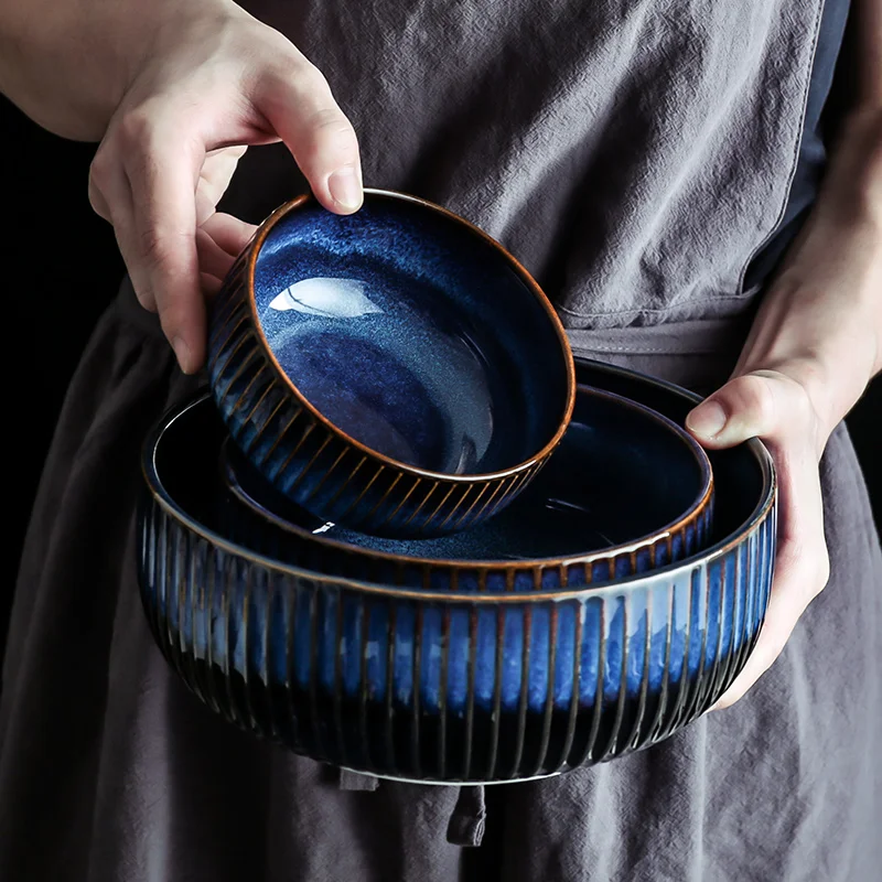 ANTOWALL Creative Nordic ceramic plate blue stripe flat plate household ceramic western pasta steak