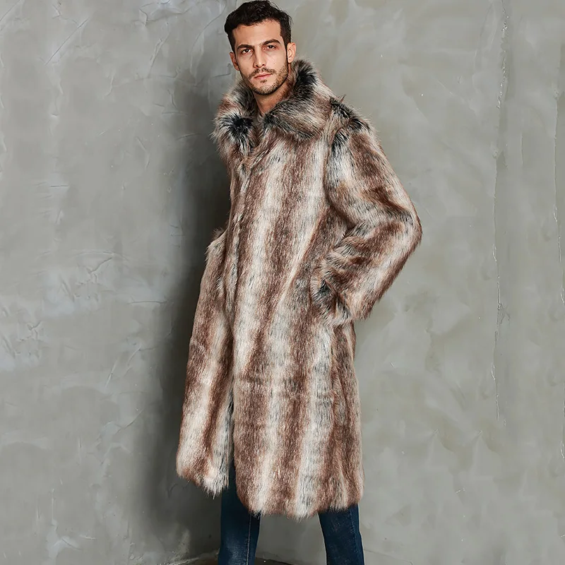 

Men's Stripe Gradient Color Coat Winter Thick Warm Long Fluffy Jacket With Pockets Plus Size Trench Coats Luxury Male Streetwear