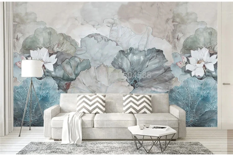 lótus, parede pintada à mão, decoração para casa