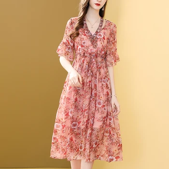 

Gedivoen V Neck Beading Diamonds Dress Women Fashion Runway Floral Print Chiffon Vintage Party Dress High Waist Midi Dresses