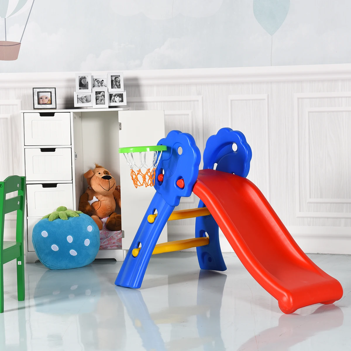 2 Step Children Play Folding Slide w/ Basketball Hoop Kids Indoor & Outdoor