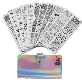 

Beautybigbang Stamping Plates Set 10 PCS Different Flower Stripe Image Nail Art Stencil Templates + Stamp Plates Holder Case Set