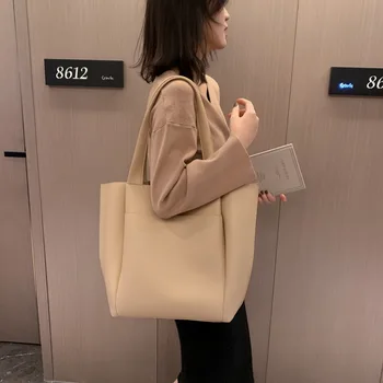 

Chic Luxury Simple Casual Tote Women Leather Handbags Large Capacity Shoulder Bags White Black Designer Bucket Bag Female