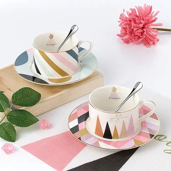 

Nordic Coffee Set Creative Pattern Macaroon Colour European Style 200ml 250ml Coffee Cup and Saucer Set