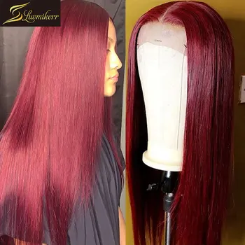 

99J Peruvian 13×6 Burgundy Long Deep Part Colored Straight Lace Front Human Hair Wigs for Black Women Red Frontal Wig Preplucked