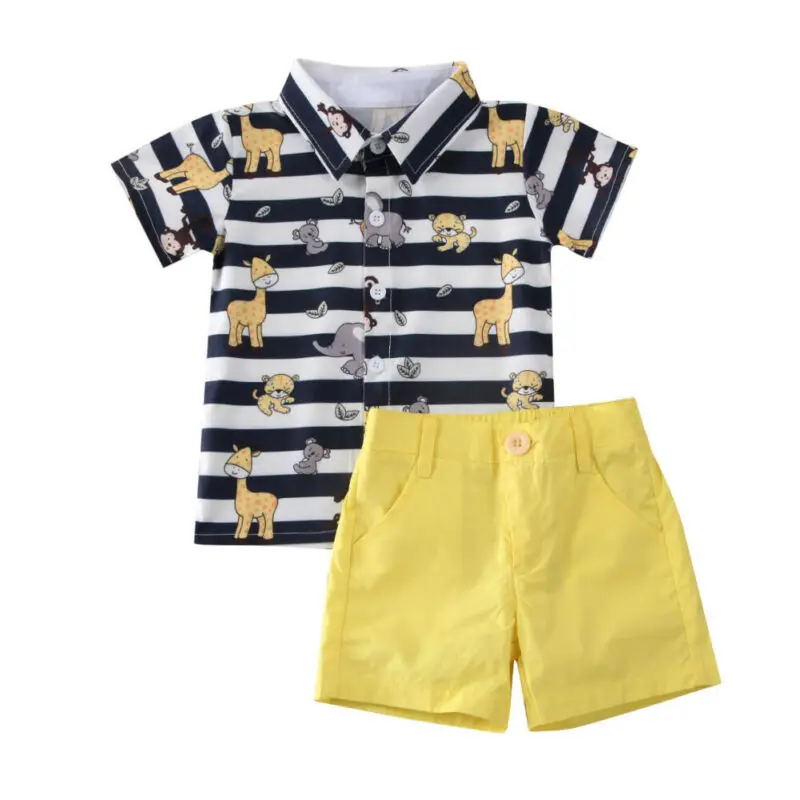 2PCS Kid Baby Boy Animal Print Tops Short Sleeve T shirt+Solid Pants Set Summer Gentleman Clothes |