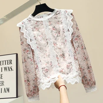 

Embroidered Floral Print Lace Chiffon Shirt Women's Cotton Blouse 2020 Spring Autumn New Long Sleeve Shirts Laides Loose Blouses